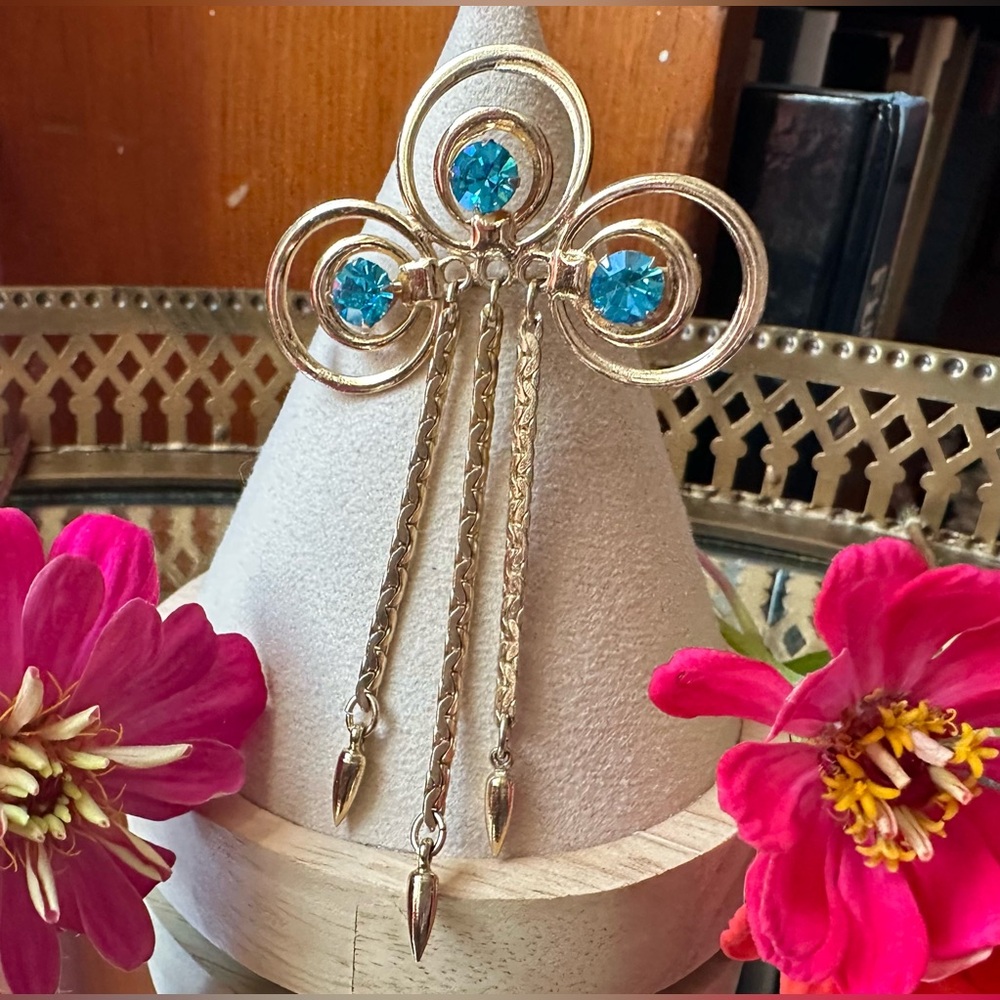 Vintage Art Deco Angel Abstract Jellyfish Aqua Rhinestone Mid-Century Brooch
